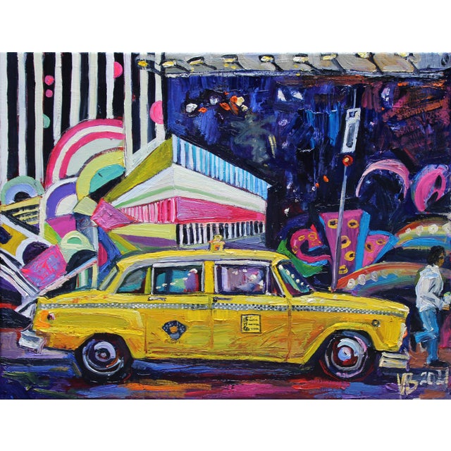 "Antique Taxi with Graffiti Wall" Contemporary Expressionist Style Cityscape Oil Painting by Natalia Bessonova For Sale