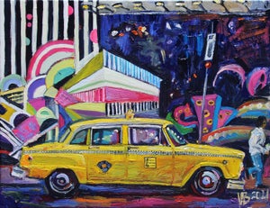 "Antique Taxi with Graffiti Wall" Contemporary Expressionist Style Cityscape Oil Painting by Natalia Bessonova