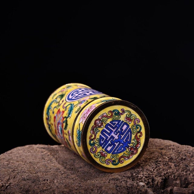 Vintage Painted Enamel Toothpick Holder | Yellow Ground Floral | Chinese Trinket Box For Sale In Los Angeles - Image 6 of 9