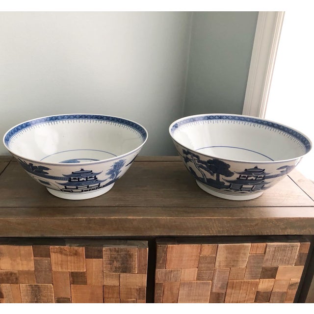 Large Vintage Chinoiserie Blue and White Bowls a Pair For Sale - Image 10 of 12