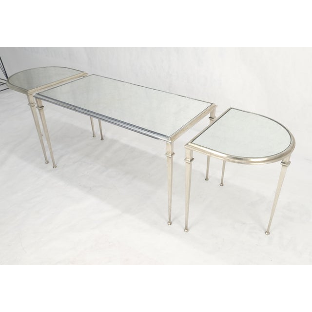 Heavy Silver Gilt Steel Mirrored Top Racetrack Shape 3 Pieces Coffee End Tables For Sale - Image 9 of 10