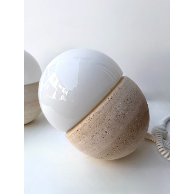Mid-Century Modern Pair of Travertine and Opaline Glass Culbuto Lamps Italy, 1980s For Sale - Image 3 of 12