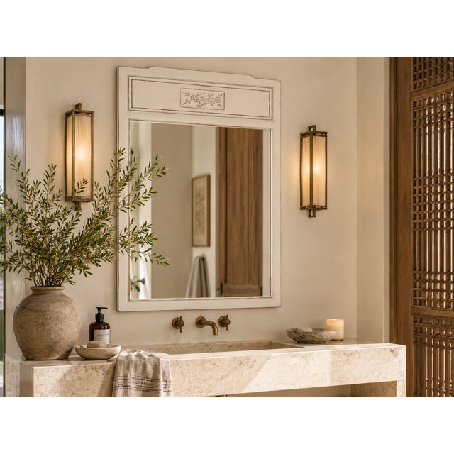 This vintage Asian mirror is stylish and simple. This vintage mirror features a finely carved and shaped top with a floral...