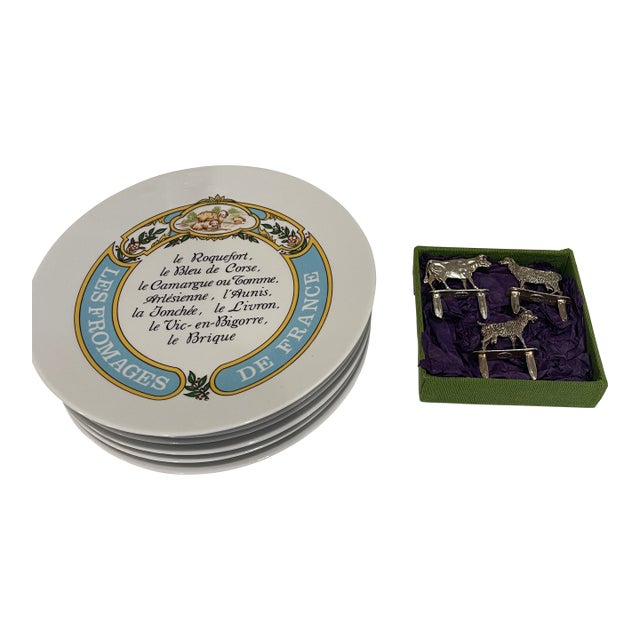 Vintage Set of 6 Limoges Cheese Plates Plus 3 Silverplated Cheese Markers - 9 pcs For Sale