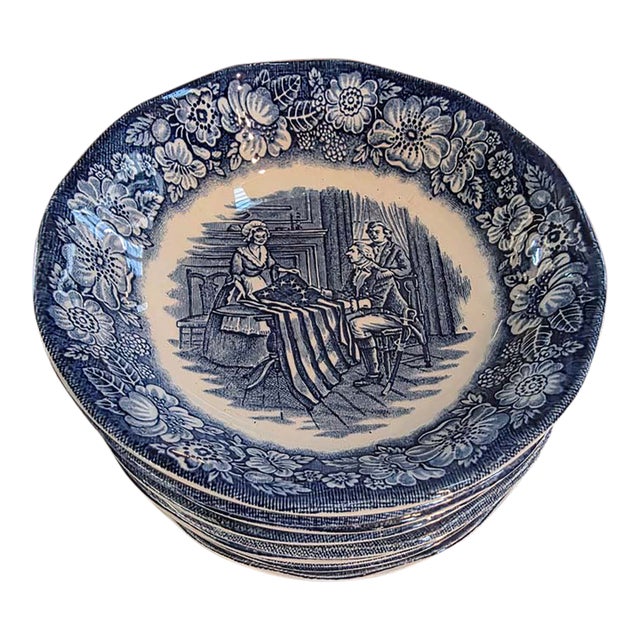 1940s Staffordshire Blue and White Small Bowls Liberty Blue Betsy Ross Pattern - Set of 10 For Sale