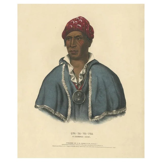 A hand-colored lithograph of Qua-Ta-Wa-Pea, also known as Leatherlips, a respected leader of the Shawnee tribe. This print...