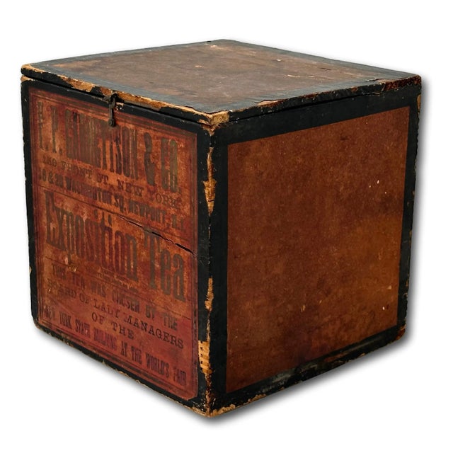 Antique Patent 1899 American Country Store Wood Shipping & Display Exposition Tea Box With Hinged Lid For Sale In Boston - Image 6 of 12
