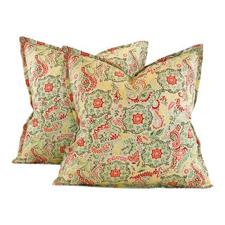 Designer P Kaufmann Cream Coral Green Yellow Botanical Floral Medallion Paisley Suzani Pillow Covers- 17" Pair For Sale