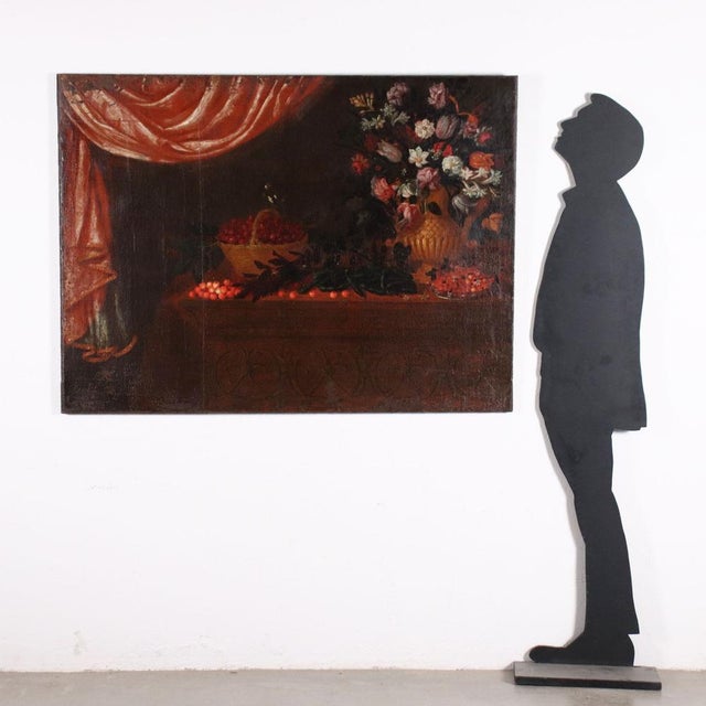 Oil on canvas. In the beautiful composition you can see, resting on an inlaid wooden sideboard, a basket full of cherries,...