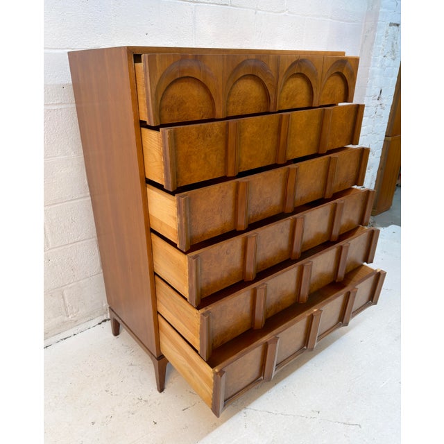 Wood Mid-Century Sculptural Arched Walnut and Burlwood Highboy Dresser by Thomasville For Sale - Image 7 of 17