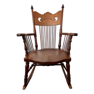 Antique Turn of the Century Tiger Oak Gooseneck Spindle-Back Swan Neck Rocking Chair For Sale