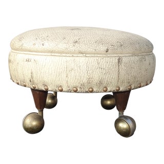 Vintage Mid Century Modern Rustic White Ottoman Stool on Castors For Sale