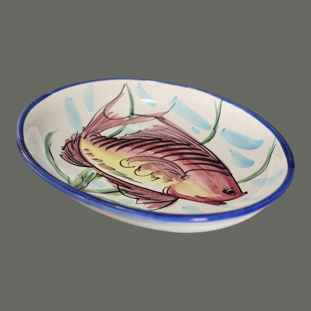 Contemporary Late 20th Century Coastal Italian Hand Painted Pottery Aurora Fish Oval Platter Wall Hanging 16'' For Sale - Image 3 of 7