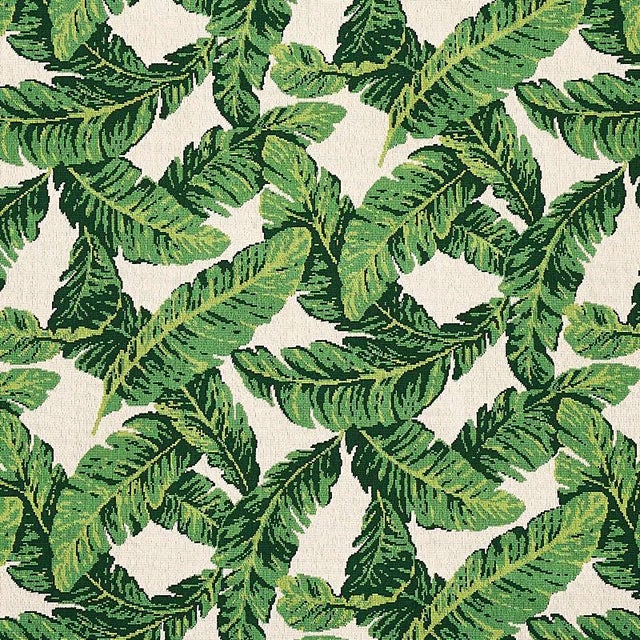 Sample - Schumacher Tropical Leaf Epingle Fabric in Green & Ivory For Sale