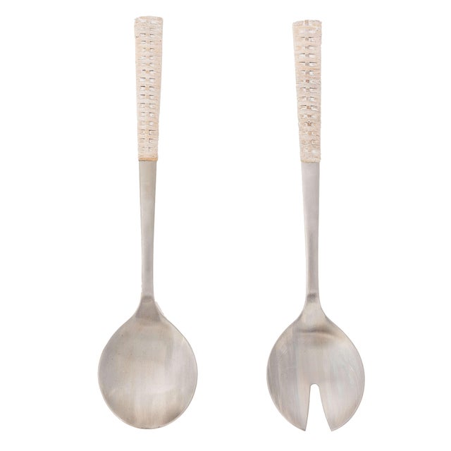 Boho Chic Artifacts Rattan Stainless-Steel Serving Pieces with Gift Box in White - Set of 2 For Sale - Image 3 of 5