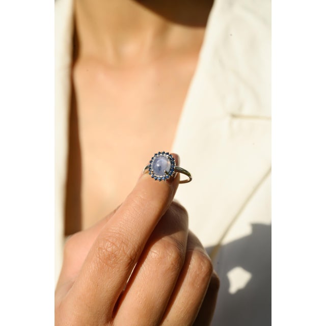 Ink Blue Natural 3.07 Ct Star Sapphire Halo Ring With Blue Sapphire in 14k Gold Size 8 For Sale - Image 8 of 18