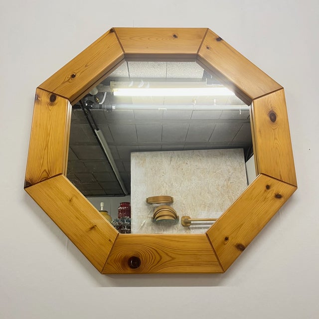 Wood Large Scandinavian Style Octagonal Mirror in Pine, 1980s For Sale - Image 7 of 17