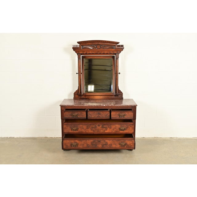 Late 19th Century Herter Brothers Style Antique Eastlake Victorian Carved Burled Walnut Marble Top Dresser With Mirror, Circa 1880s For Sale - Image 5 of 17