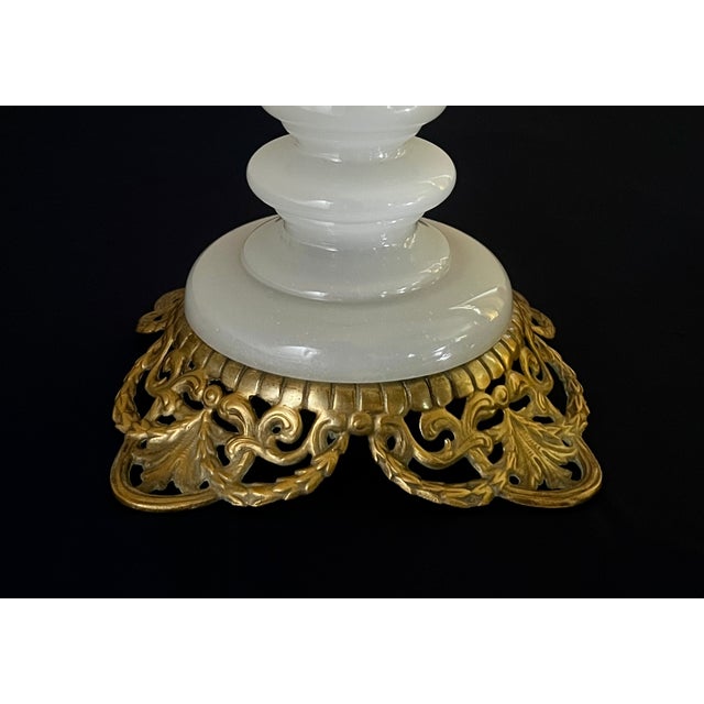 Metal 1950s Hollywood Regency Opaline Milk Glass & Cast Brass Accent Lamp For Sale - Image 7 of 8