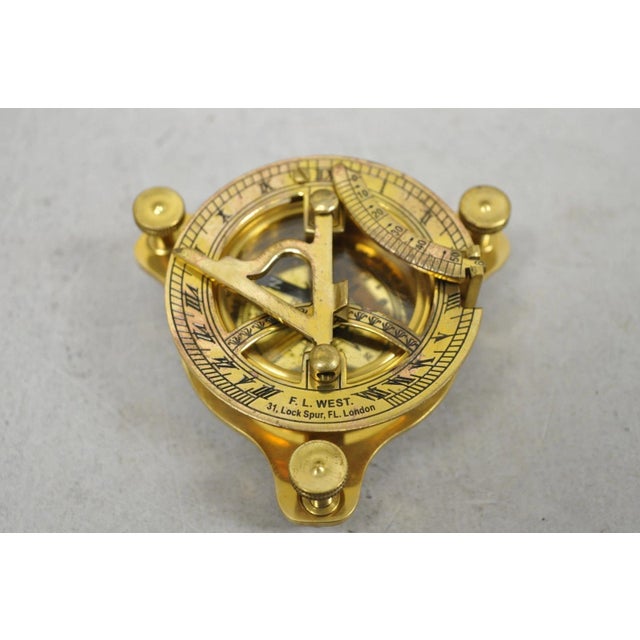 Brass Vintage English Campaign Brass Round Sundial Compass With Small Rosewood Box For Sale - Image 8 of 18