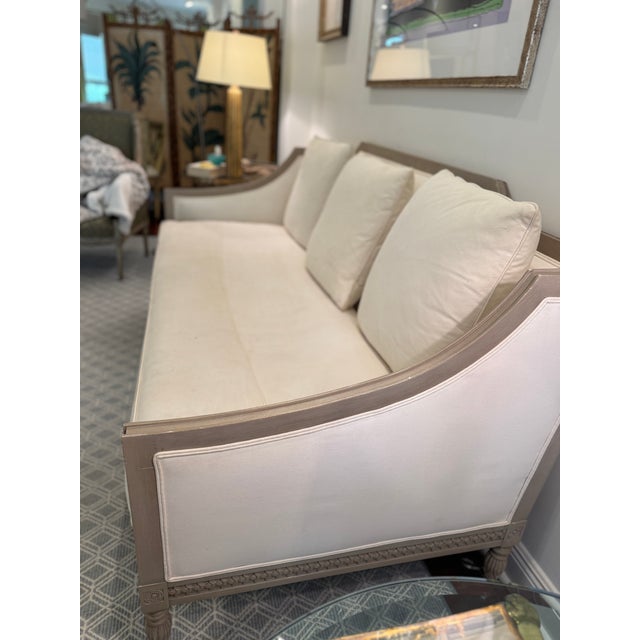 Transitional Wood Framed Sofa in White Linen For Sale - Image 3 of 8