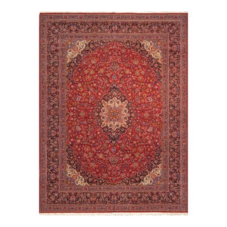 Pasargad Home Antique Kashan Wool Area Rug-10'10" X 14' 7" , Red For Sale