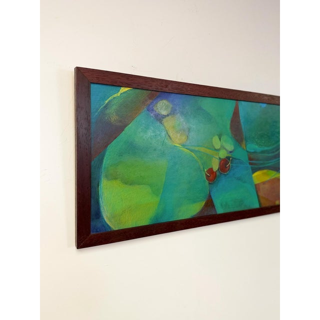Late 20th Century Framed Original Abstract Acrylic Painting Teal Green Still Life Art, Wood Frame For Sale - Image 4 of 14