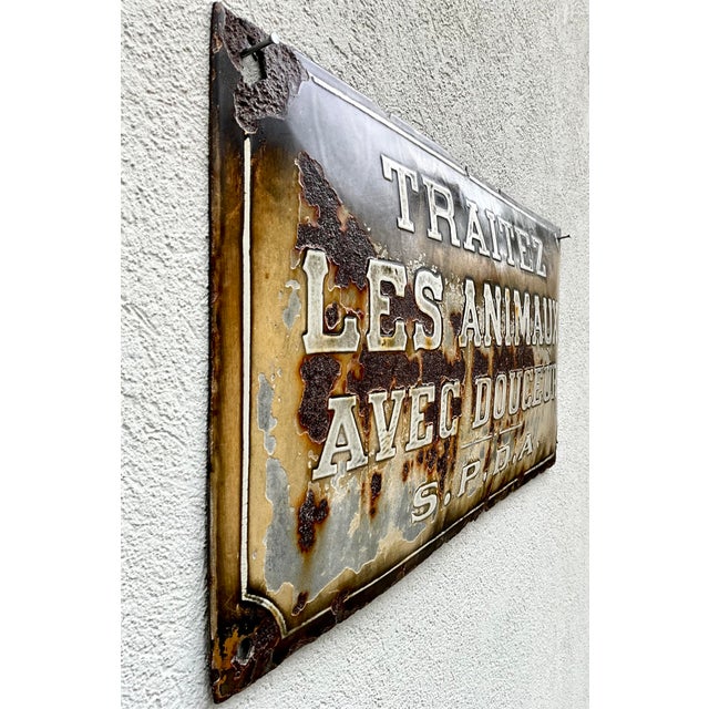 Antique Belgian Embossed Enamel Animal Protection Sign, 1905 For Sale - Image 6 of 11