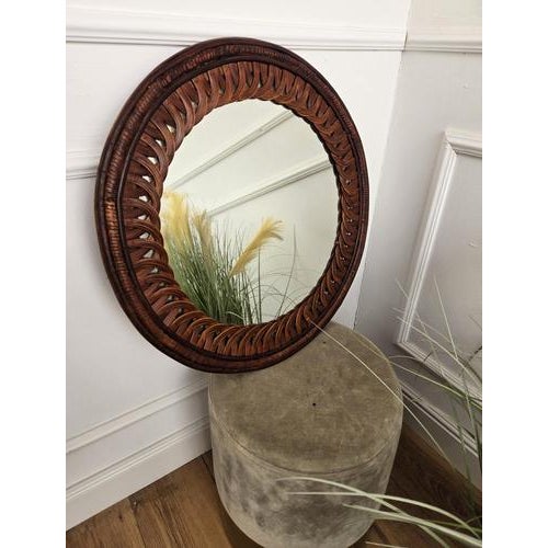 A Mid-Century Modern wooden round circle wall mirror