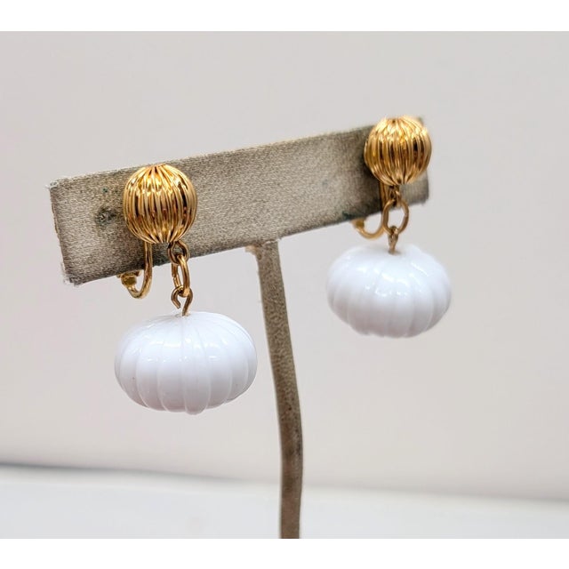 Metal Vintage 1980s Signed Napier Goldtone White Melon Drop Clip Earrings-2 Pieces For Sale - Image 7 of 8