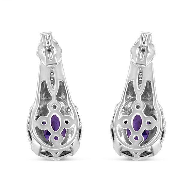 Contemporary .925 Sterling Silver 8x6 MM Natural Oval Purple Amethyst Gemstone and Diamond Accent Art Deco Style Drop and Dangle Earrings (I-J Color,I1-I2 Clarity) For Sale - Image 3 of 5