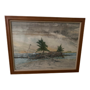 1970s Watercolor and Ink Framed Art Piece