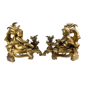19th Century or Earlier Pair of French Gilt Bronze Fireplace Chenets With Cherubs