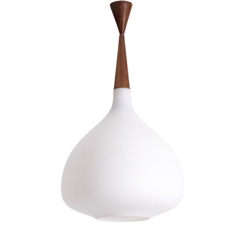 Suspension in White Opaline Glass and Blond Mahogany, 1960s For Sale