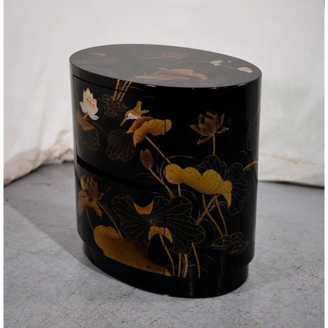 Chinoiserie 1970s Vintage Chinoiserie Oval 2 Drawer Chest With Birds & Lotus For Sale - Image 3 of 9