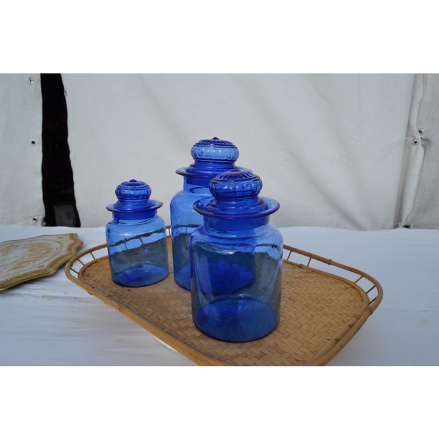 Mid-Century Modern Mid 20th Century Takahashi Hand Blown Cobalt Blue Glass Apothecary Jars With Lids- Set of 3 For Sale - Image 3 of 11