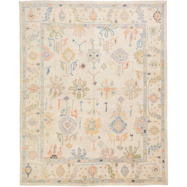 Modern Turkish Oushak Handmade Floral Beige Oversize Wool Rug For Sale - Image 9 of 9