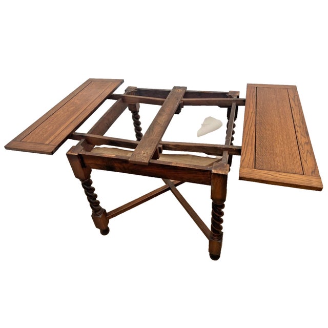 Antique Expanding Pub Kitchen Table Barley Twist Legs Quarter Sawed Tiger Oak For Sale - Image 9 of 14