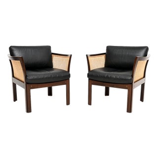 Vintage Danish Leather and Cane Chairs by Illum Wikkelso for CFC Silkeborg, 1960, Set of 2 For Sale