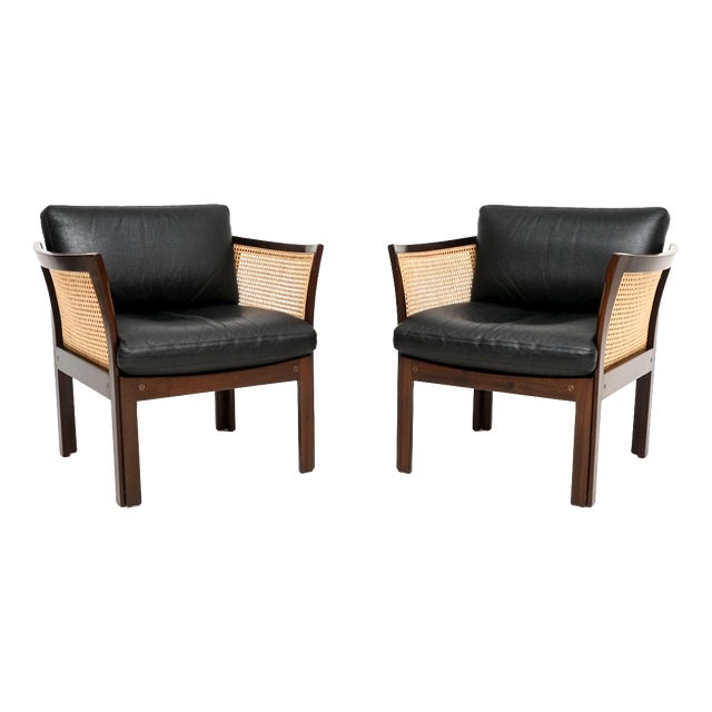 Vintage Danish Leather and Cane Chairs by Illum Wikkelso for CFC Silkeborg, 1960, Set of 2 For Sale
