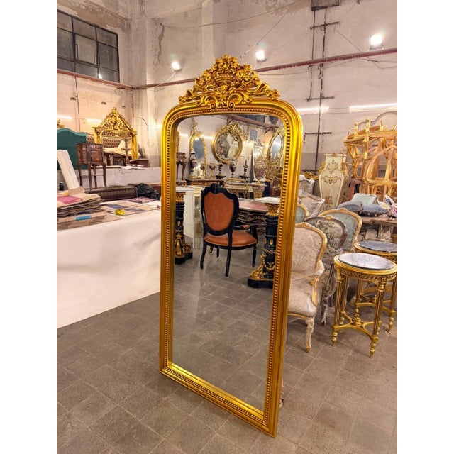 Wood Vintage French Louis XV Arched Rectangle Rococo Floor Mirror For Sale - Image 7 of 7