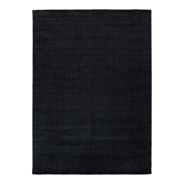 Contemporary Indian Cut & Loop Pile Wool and Bamboo Silk Rug in Midnight Black For Sale