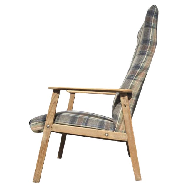 Danish Highback Checkered Wool & Oak Easy Chair from Getama, 1970s For Sale
