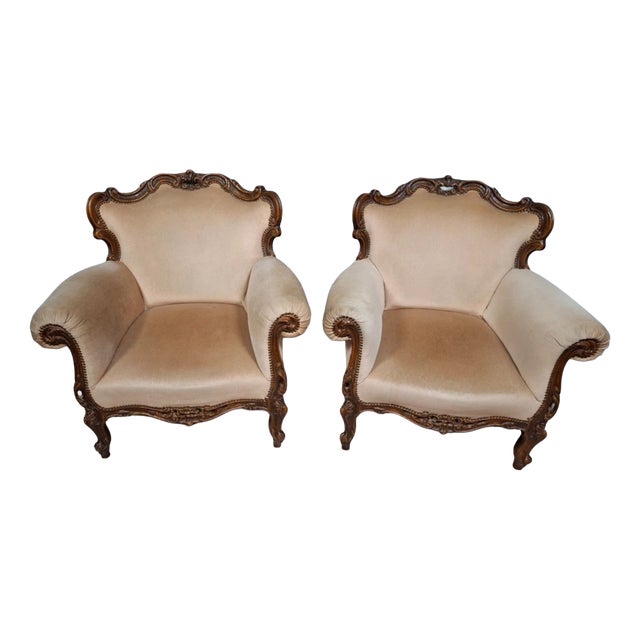 19th Century Louis XV Carved Walnut Armchairs For Sale