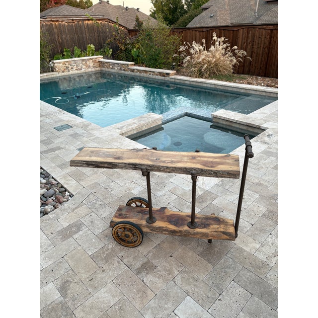 Wood 1990s Handcrafted Raw Edge Cedar Wood Industrial Cart For Sale - Image 7 of 11