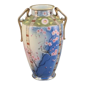 Early 20th Century Asian Japanese Hand Painted Imperial Nippon Floral Bird Gilded Handle Vase Marked