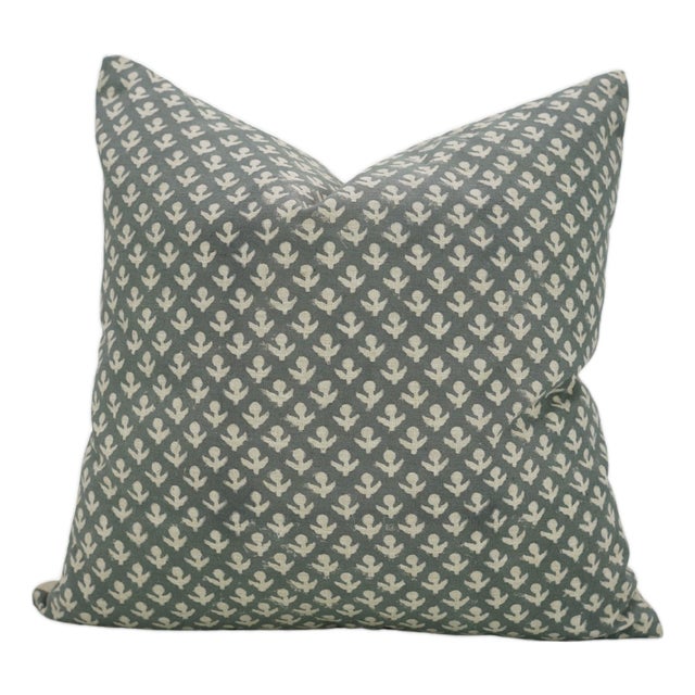 Fabdivine Handmade Block Print Linen Blend Throw Pillow Cover 14x14 – Hariyali Green Floral Design For Sale