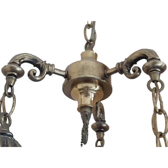 Brass Carl Falkensteiin Attributed Hollywood Regency 3 Pendant Swag Lamp Etched White Rose Globes For Sale - Image 8 of 12