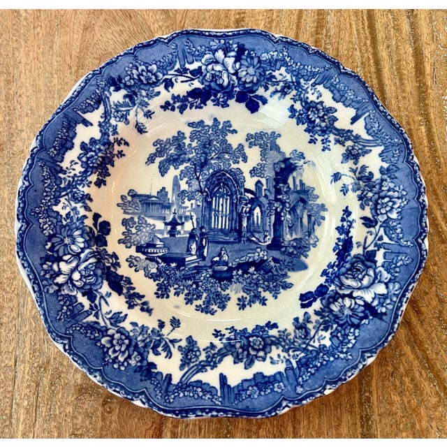 English Antique English Blue & White Transferware Serving Bowls & Plates, “Ancient Ruins” by Ashworth Bros, Set of 4 For Sale - Image 3 of 11