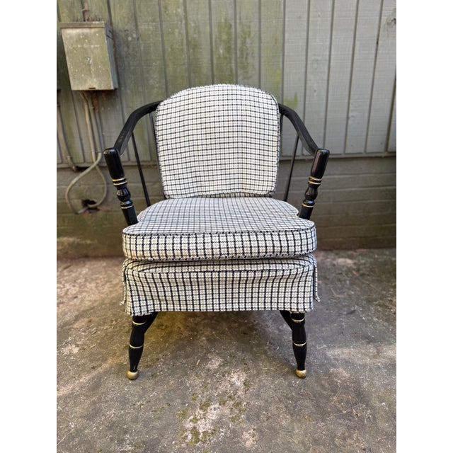 Pair of Vintage black painted barrel back tub chairs Unmarked but well made sturdy, and comfortable Upholstery is good...